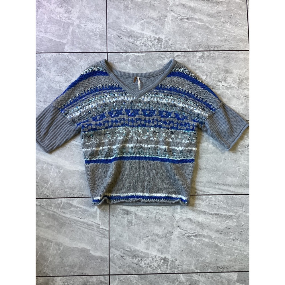 Free People Grey Blue Fair Isle Sequin Knit V-Neck Short Sleeve Sweater XS